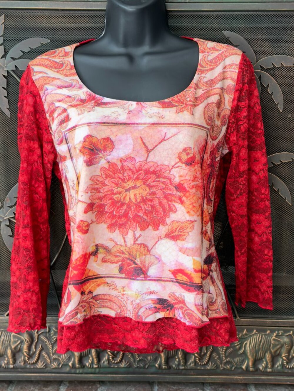 Edúce Vintage Y2K Romantic Red Floral Mesh Top Sheer Lace Blouse Made in USA